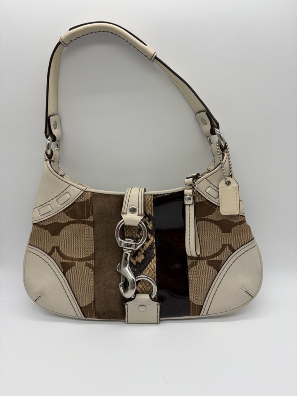 Coach Brown and Cream Signature Shoulder Bag with Silver Hardware